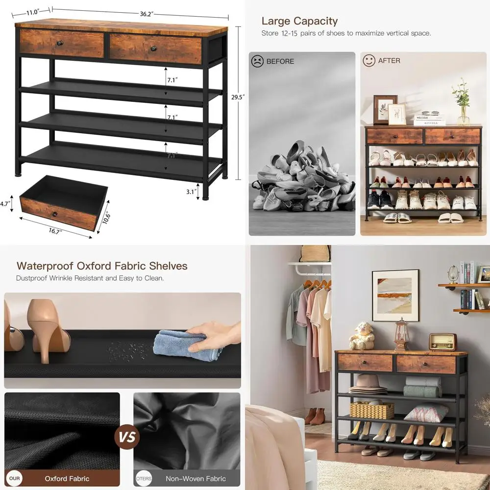 4-Tier Shoe Storage Organizer with 2 Drawers, Metal and Wooden Top, 12-15 Pairs Capacity, Rustic Brown
4-Tier Shoe Storage Organizer with 2 Drawers, Metal and Wooden Top, 12-15 Pairs Capacity, Rustic Brown