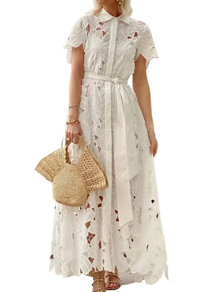 Elegant White Lace Dress Women Fashion Hollow Out Short Sleeve Turn-down Collar High Waist Lace-up Dresses Lady Holiday Clothes
Elegant White Lace Dress Women Fashion Hollow Out Short Sleeve Turn-down Collar High Waist Lace-up Dresses Lady Holiday Clothes