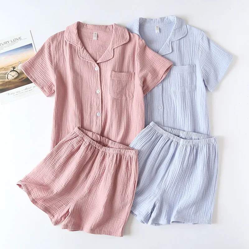 Cotton double-layer gauze Washed crepe fabric Short sleeved shorts Pajama set for women Collar plus size home clothing
Cotton double-layer gauze Washed crepe fabric Short sleeved shorts Pajama set for women Collar plus size home clothing
