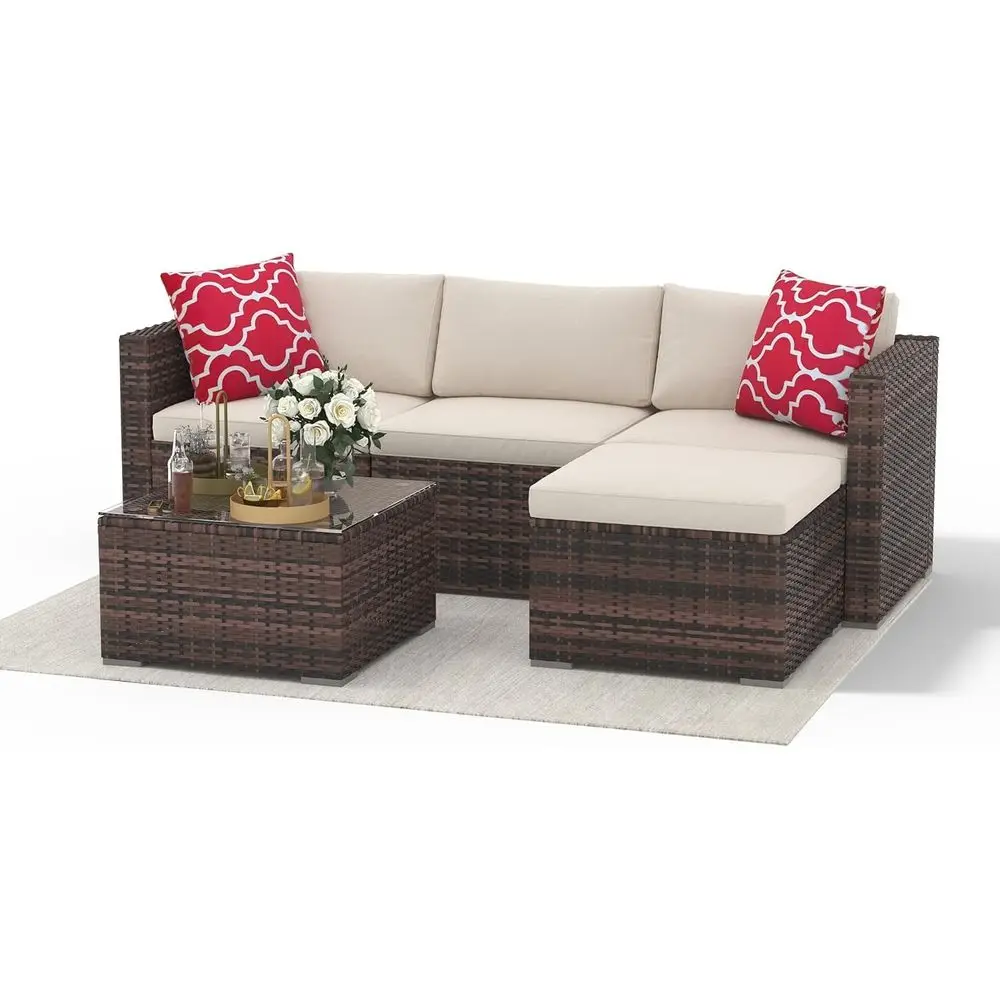 All-Weather PE Rattan Outdoor Sectional Sofa Set with Ottoman and Tempered Glass Table for Patio, Backyard, and Poolside (Brown/
All-Weather PE Rattan Outdoor Sectional Sofa Set with Ottoman and Tempered Glass Table for Patio, Backyard, and Poolside (Brown/