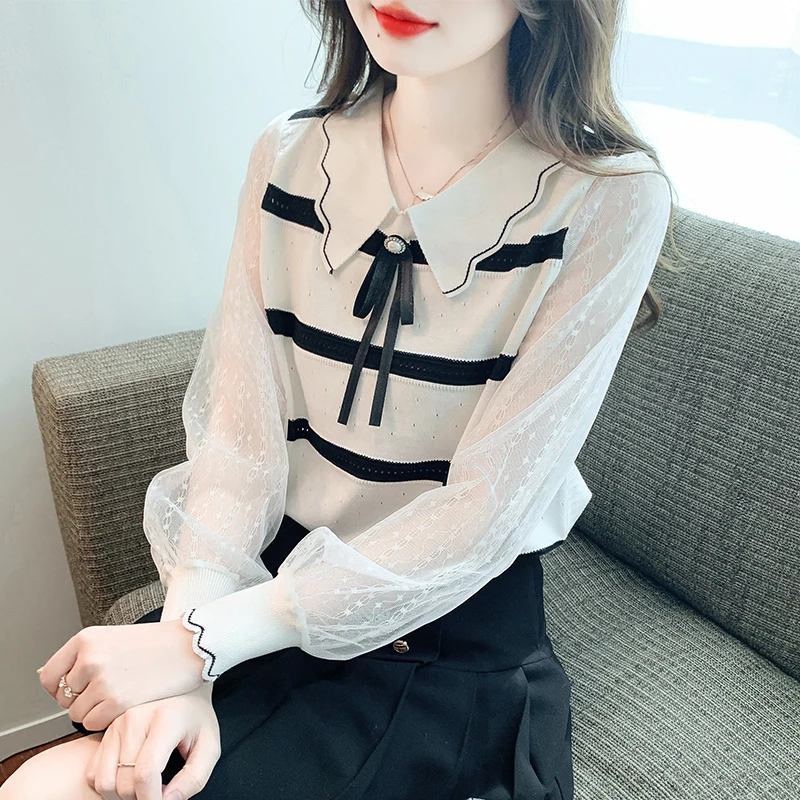 2023 Autumn New Korean Doll Neck Bow Sweet Knitwear Women's Spliced Lace Long Sleeve Temperament Top
2023 Autumn New Korean Doll Neck Bow Sweet Knitwear Women's Spliced Lace Long Sleeve Temperament Top
