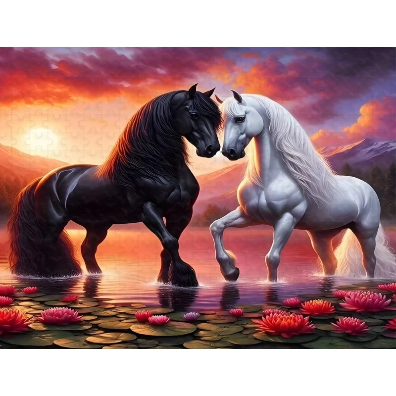 500/1000pcs Adult Puzzle - Large Challenging Horse & White Horse Puzzle with Black/White Horses, Red for Flowers & Sunset Lake
500/1000pcs Adult Puzzle - Large Challenging Horse & White Horse Puzzle with Black/White Horses, Red for Flowers & Sunset Lake