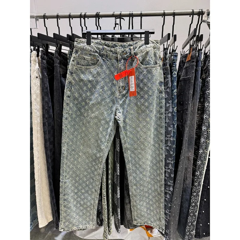 American high street fashion brand ripped jacquard distressed off white wide leg jeans for both men and women, trendy straight t
American high street fashion brand ripped jacquard distressed off white wide leg jeans for both men and women, trendy straight t