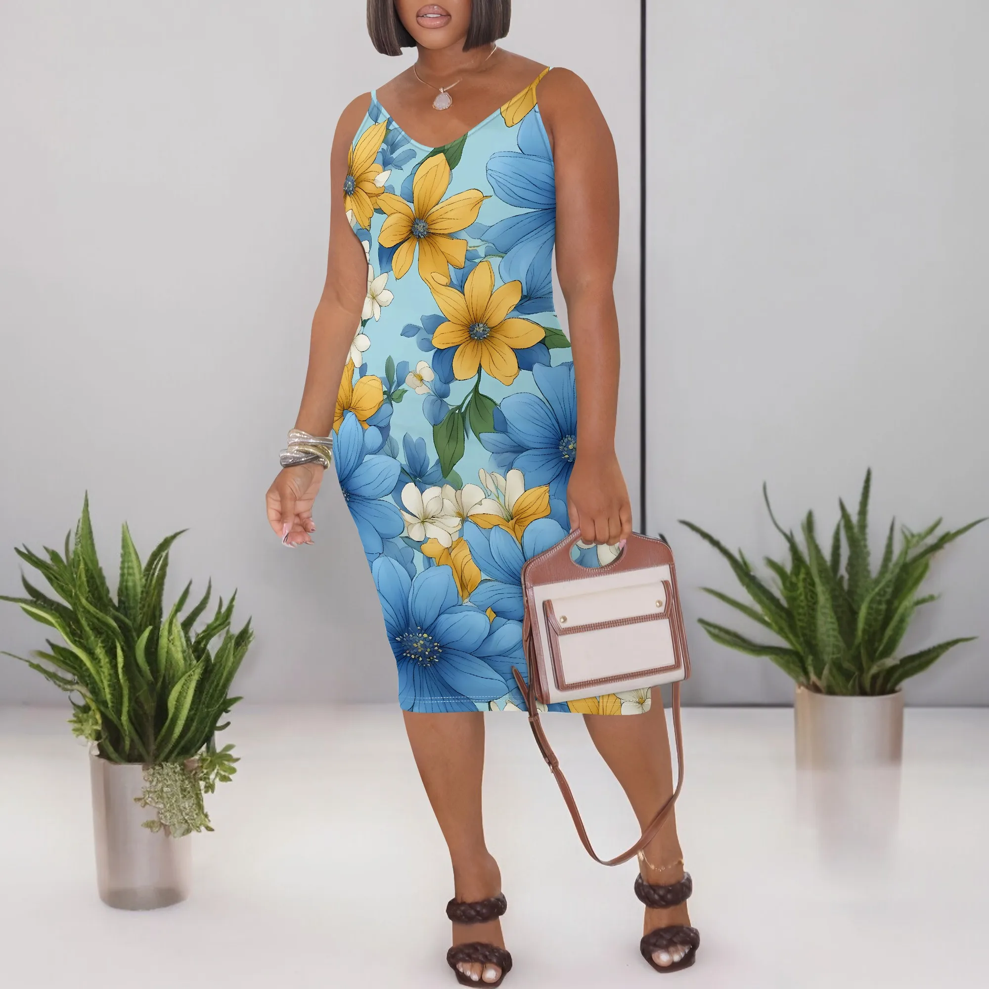 Sleeveless Blue Yellow Flower Print Bodycon Midi Dress Women Casual Slim Fit Vacation Summer Dresses
Sleeveless Blue Yellow Flower Print Bodycon Midi Dress Women Casual Slim Fit Vacation Summer Dresses