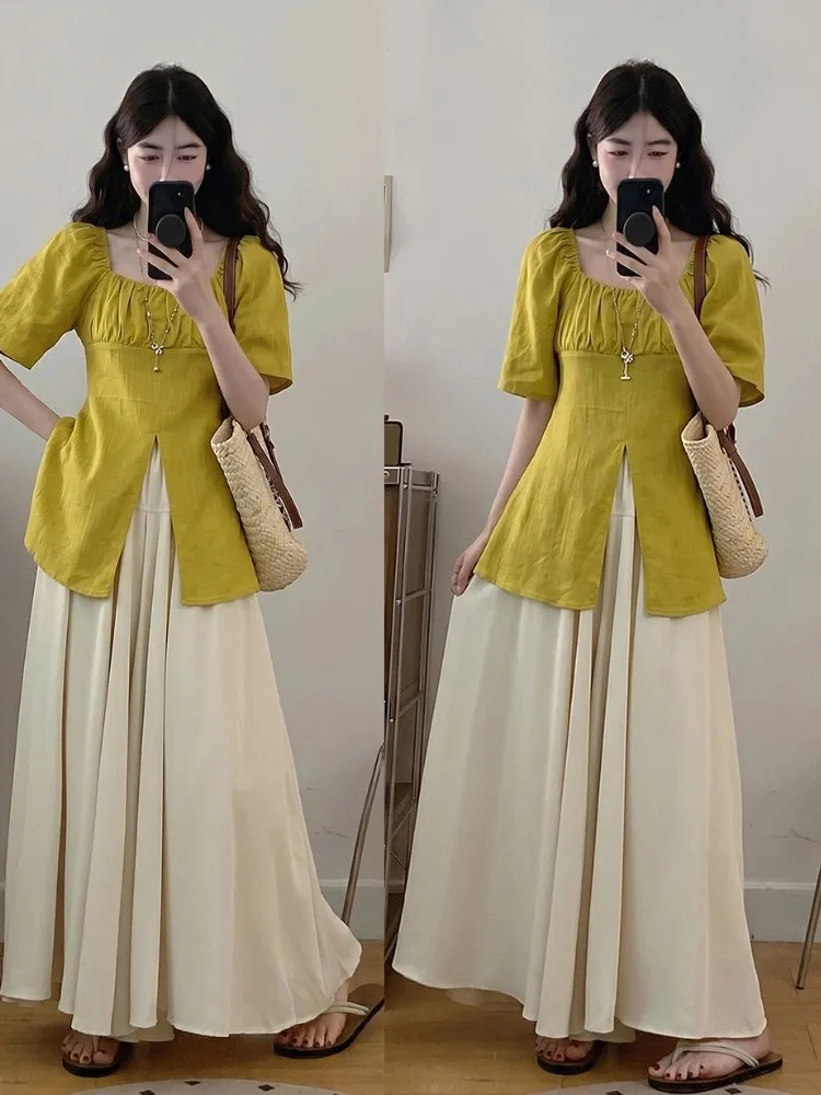 Loose Summer Top with Front Slit Short Sleeve Square Collar Wide Leg Pants Two Piece Set plus Size High Waist for plus Size W...
Loose Summer Top with Front Slit Short Sleeve Square Collar Wide Leg Pants Two Piece Set plus Size High Waist for plus Size W...