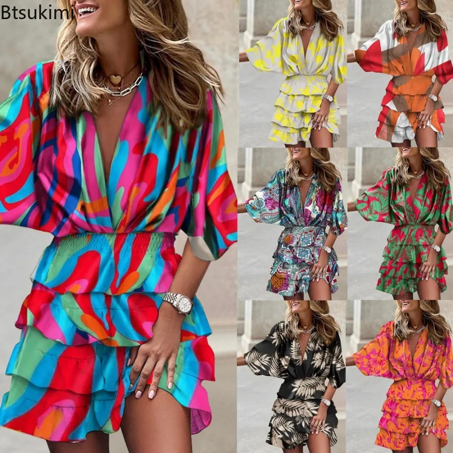 Women's Sexy Print Dress V-Neck Bat Sleeve Ruffl Flowers Print Bohemian Beach Sundress Ladies Loose Summer Vacation Mini Dress
Women's Sexy Print Dress V-Neck Bat Sleeve Ruffl Flowers Print Bohemian Beach Sundress Ladies Loose Summer Vacation Mini Dress