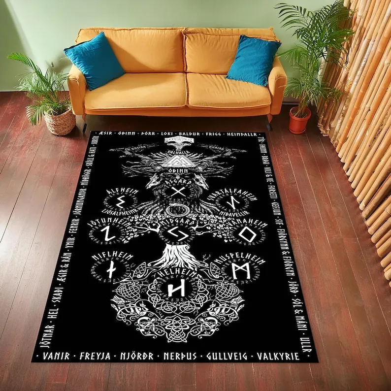Viking Valknut Symbol Rug, Norse Pagan Mythology Carpet, Non-Slip Washable Scandinavian Floor Mat for Nordic Home Decor
Viking Valknut Symbol Rug, Norse Pagan Mythology Carpet, Non-Slip Washable Scandinavian Floor Mat for Nordic Home Decor