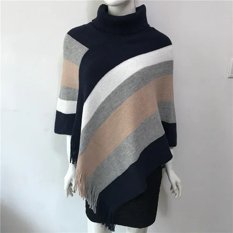 Spring Autumn New Women Irregular High Neck Striped Tassel Shawl Cloak Sweater Pullover Blouse Female Jacket Blue
Spring Autumn New Women Irregular High Neck Striped Tassel Shawl Cloak Sweater Pullover Blouse Female Jacket Blue