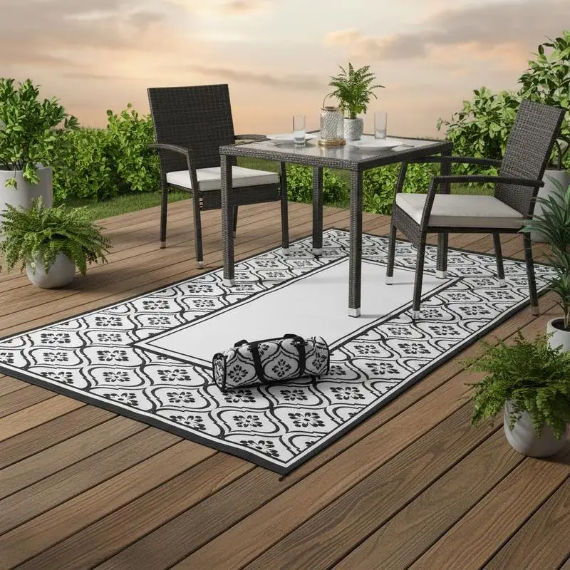 Reversible Outdoor Rug, Waterproof Plastic Straw with Carry Bag, 9' x 18', Black & White Gourd Border
Reversible Outdoor Rug, Waterproof Plastic Straw with Carry Bag, 9' x 18', Black & White Gourd Border