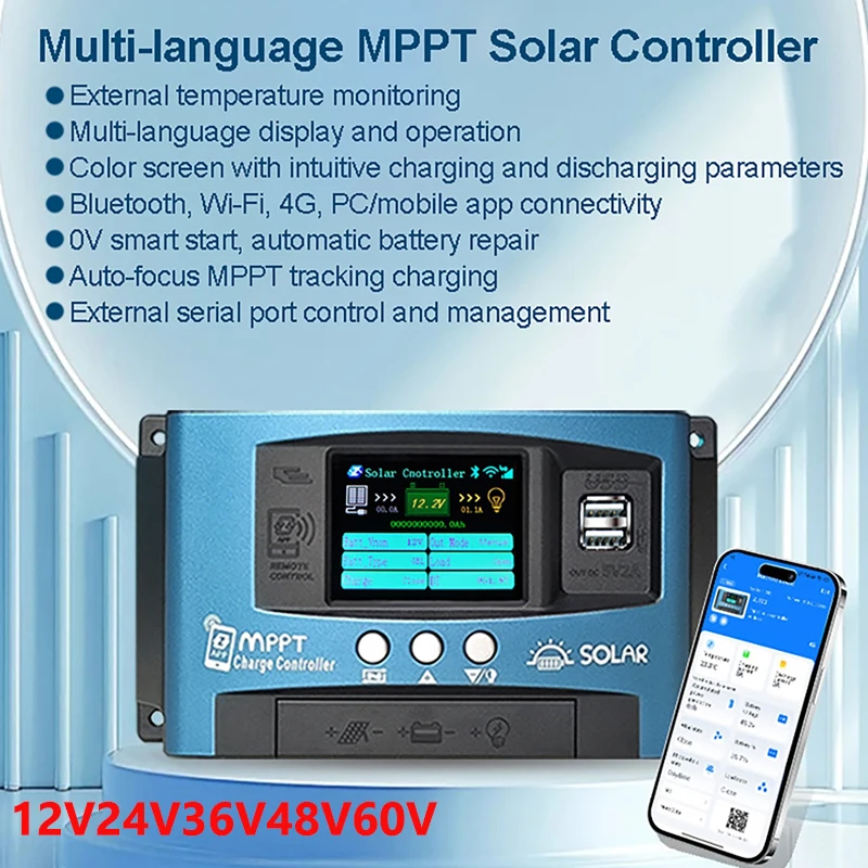 MPPT Solar Charge Controller 30A 60A 12V24V36V48V60V Solar Panel Battery Regulator Charge Controller Dual USB Bluetooth
MPPT Solar Charge Controller 30A 60A 12V24V36V48V60V Solar Panel Battery Regulator Charge Controller Dual USB Bluetooth