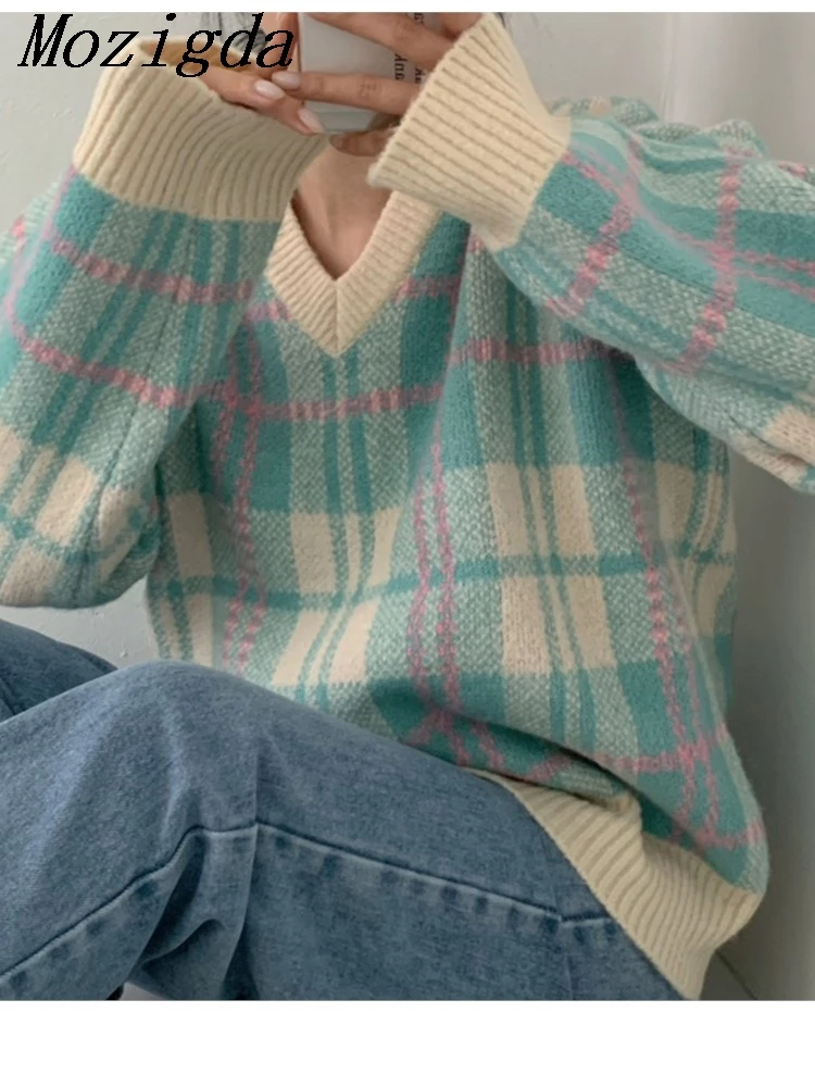 Autumn Knitted Plaid Sweater Women Loose Checkered Striped V-neck Pullover Layered Lazy Oaf Ladies Tops
Autumn Knitted Plaid Sweater Women Loose Checkered Striped V-neck Pullover Layered Lazy Oaf Ladies Tops