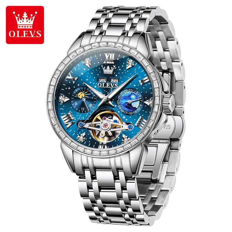OLEVS брендовые модные синие механические часы со звездным небом для мужчин, водонепроницаемые часы из нержавеющей стали с фазой Луны, роскошные мужские часы с турбийоном
OLEVS брендовые модные синие механические часы со звездным небом для мужчин, водонепроницаемые часы из нержавеющей стали с фазой Луны, роскошные мужские часы с турбийоном