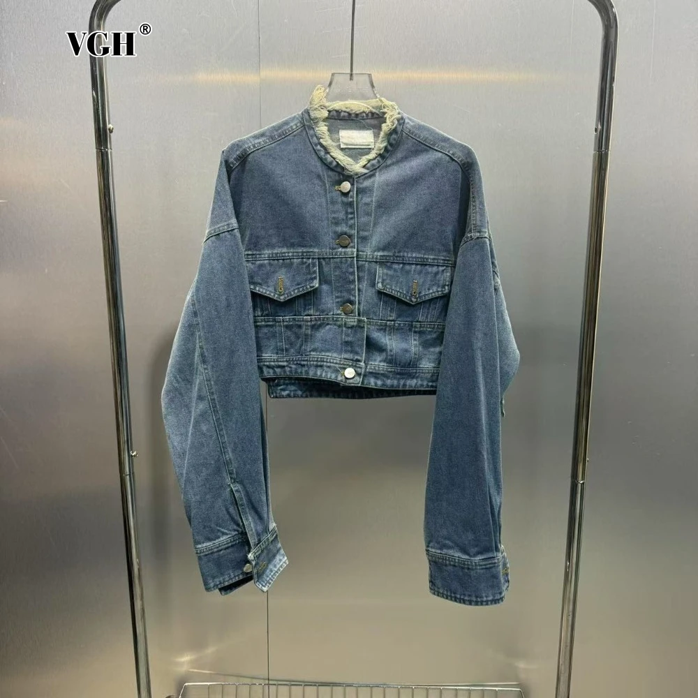VGH Vintage Fashionable Spliced Raw Edge Jacket for Women O Neck Long Sleeve Short Style Denim Coat Female Autumn New Clothing 
VGH Vintage Fashionable Spliced Raw Edge Jacket for Women O Neck Long Sleeve Short Style Denim Coat Female Autumn New Clothing