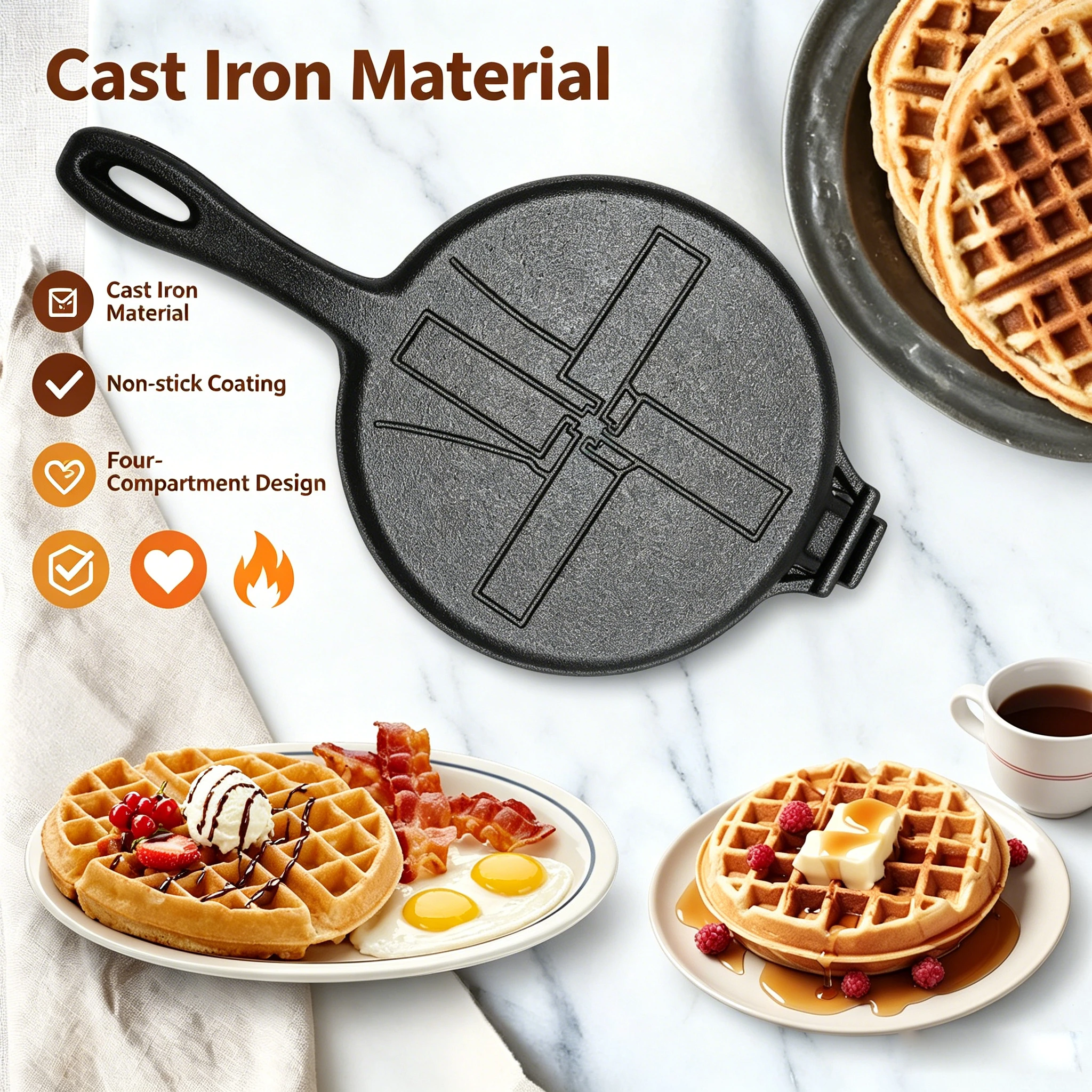 Premium Cast Iron Waffle Maker Non-Stick 4-Grid Round Cake Mold Press Kitchen Pan For Easy Cooking Baking Accessories
Premium Cast Iron Waffle Maker Non-Stick 4-Grid Round Cake Mold Press Kitchen Pan For Easy Cooking Baking Accessories