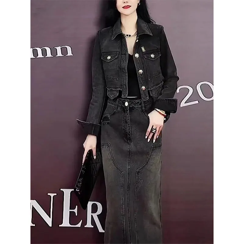 Spring Ladies Long Sleeves Skirts 2PCS Retro Women High Waist Denim Maxi Skirt Outfit Female Short Workwear Two Piece Skirt Suit
Spring Ladies Long Sleeves Skirts 2PCS Retro Women High Waist Denim Maxi Skirt Outfit Female Short Workwear Two Piece Skirt Suit