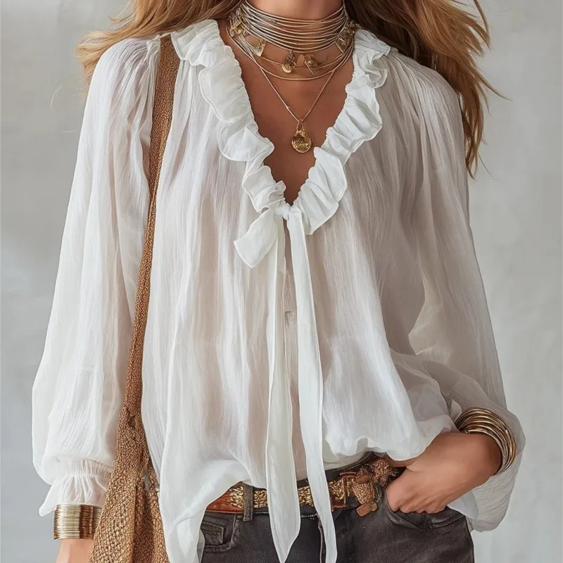 Spring Summer New Lace Up Shirt Tops Women's Fashion V-neck Loose Shirt Top Ladies Solid Splicing Design Long Sleeved Blouses
Spring Summer New Lace Up Shirt Tops Women's Fashion V-neck Loose Shirt Top Ladies Solid Splicing Design Long Sleeved Blouses