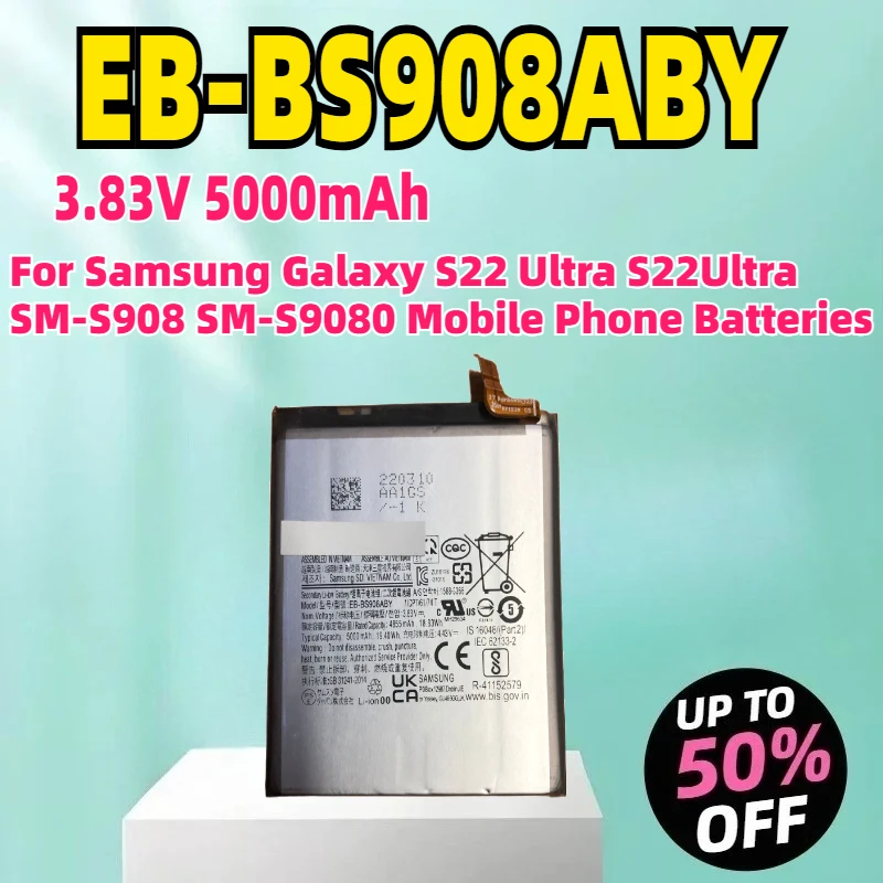 3.83 V EB-BS908ABY 5000mAh Replacement Battery For Samsung Galaxy S22 Ultra S22Ultra SM-S908 SM-S9080 Mobile Phone Batteries
3.83 V EB-BS908ABY 5000mAh Replacement Battery For Samsung Galaxy S22 Ultra S22Ultra SM-S908 SM-S9080 Mobile Phone Batteries