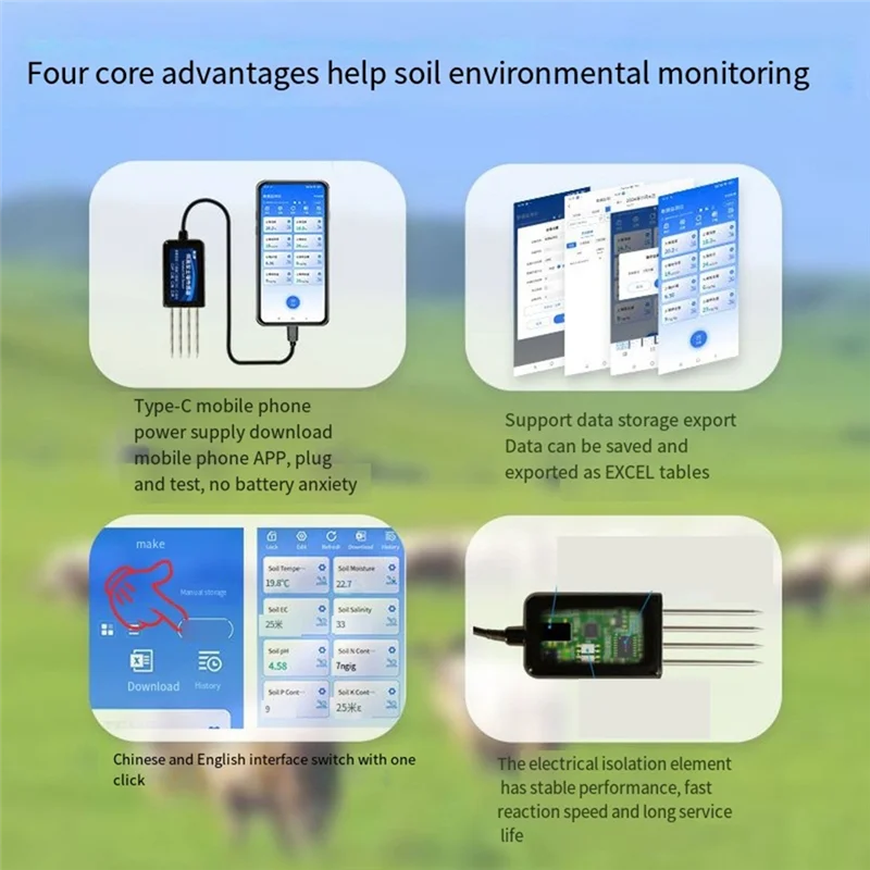 ABWZ-8-In-1 Isolated Soil Sensor Temperature Humidity Nitrogen Phosphorus Potassium PH Value Salt RS485 Detector
ABWZ-8-In-1 Isolated Soil Sensor Temperature Humidity Nitrogen Phosphorus Potassium PH Value Salt RS485 Detector