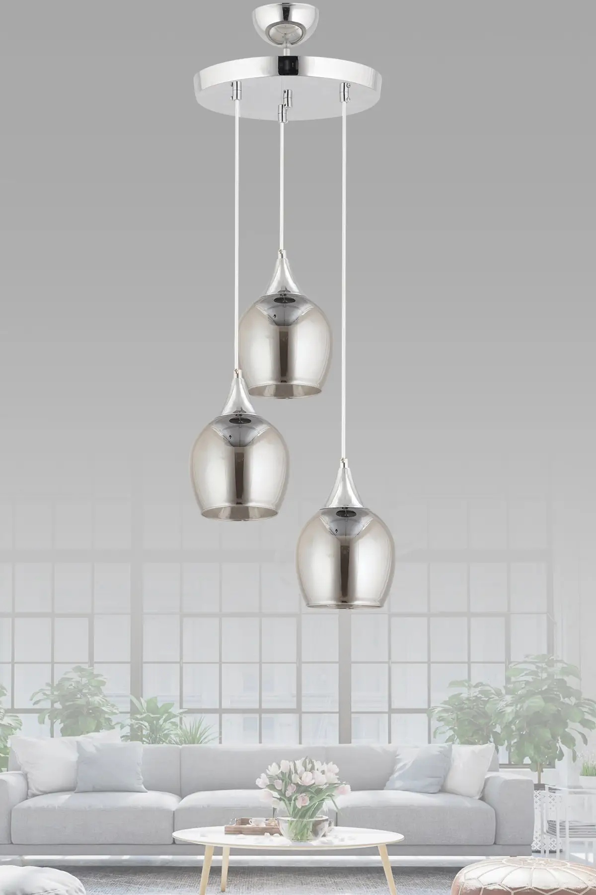 Silver wrap chandelier with 3-piece Hunili silver smoked Opak glass chandelier
Silver wrap chandelier with 3-piece Hunili silver smoked Opak glass chandelier