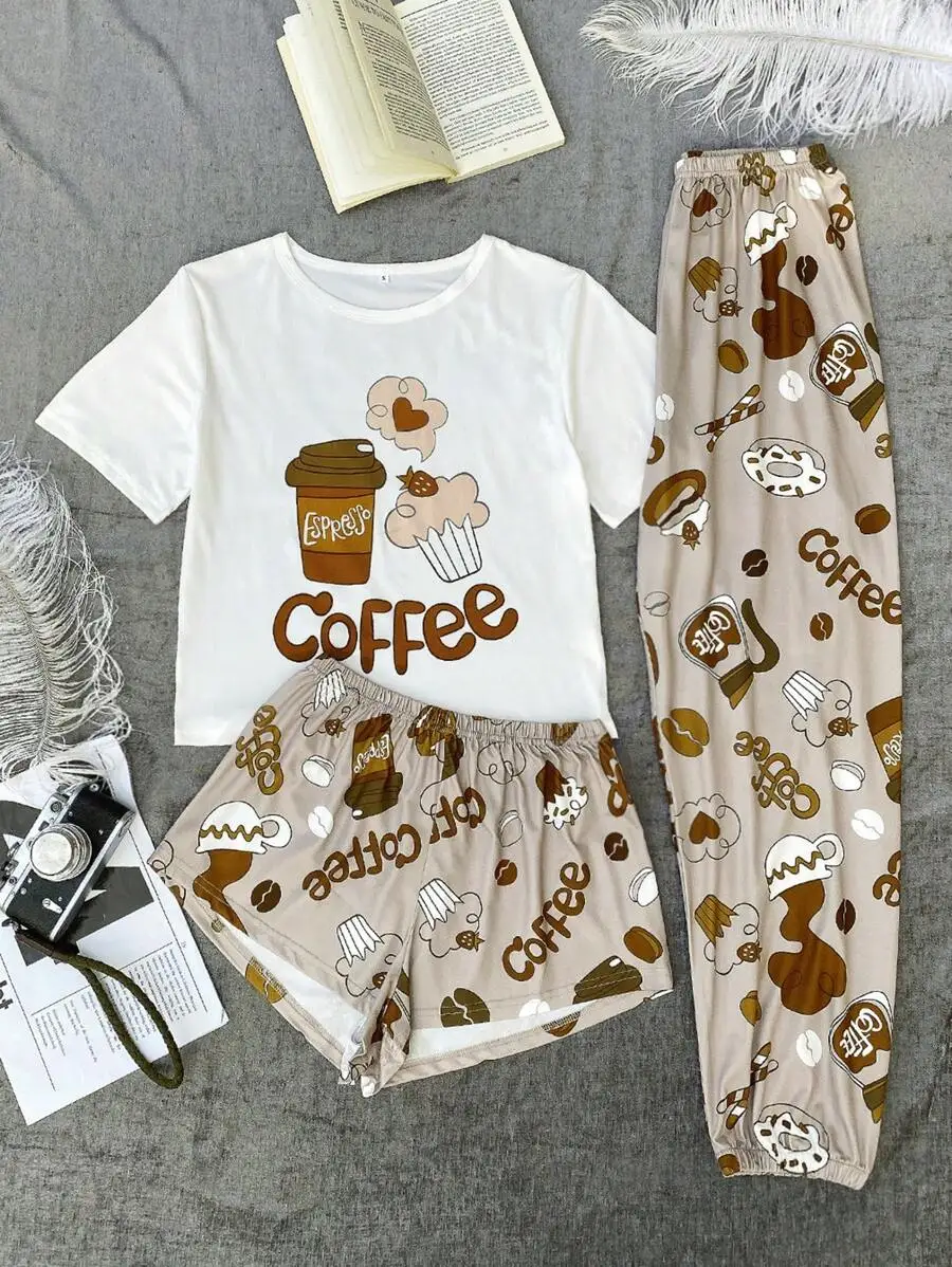Coffee Print Pajama Set With Tee Shorts And Pants
Coffee Print Pajama Set With Tee Shorts And Pants