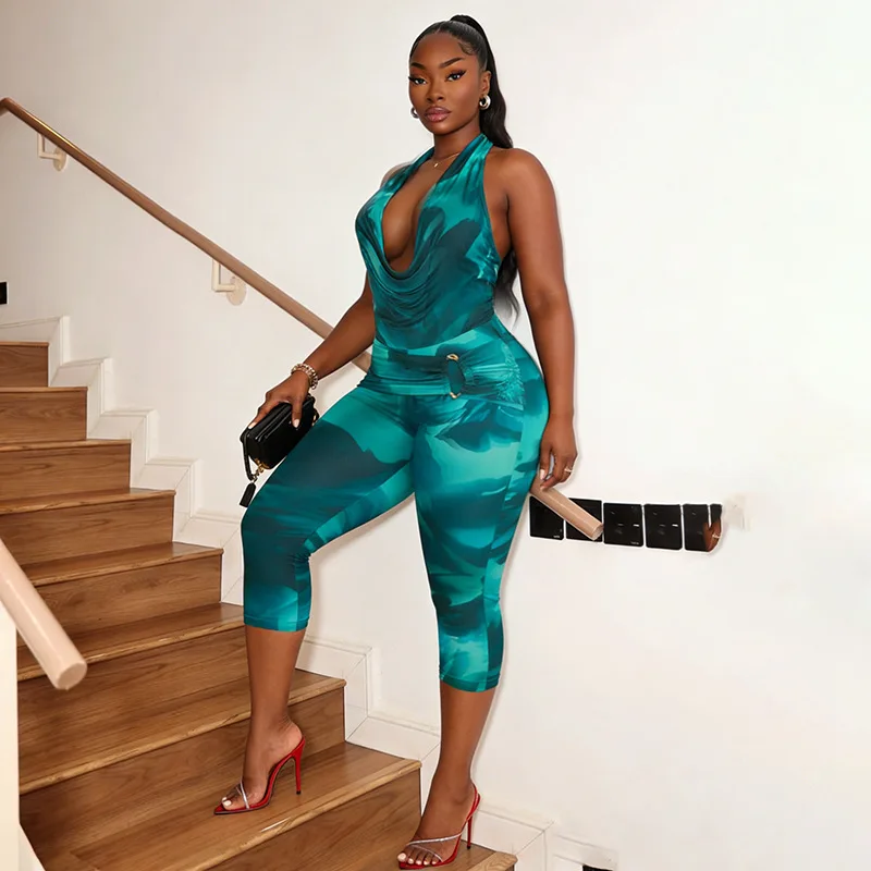 Fashion Print 2 Piece Set Women Swinging Collar Halter Backless Lace Up Tanks Top + Skinny Calf Length Pants Casual Street Suit
Fashion Print 2 Piece Set Women Swinging Collar Halter Backless Lace Up Tanks Top + Skinny Calf Length Pants Casual Street Suit