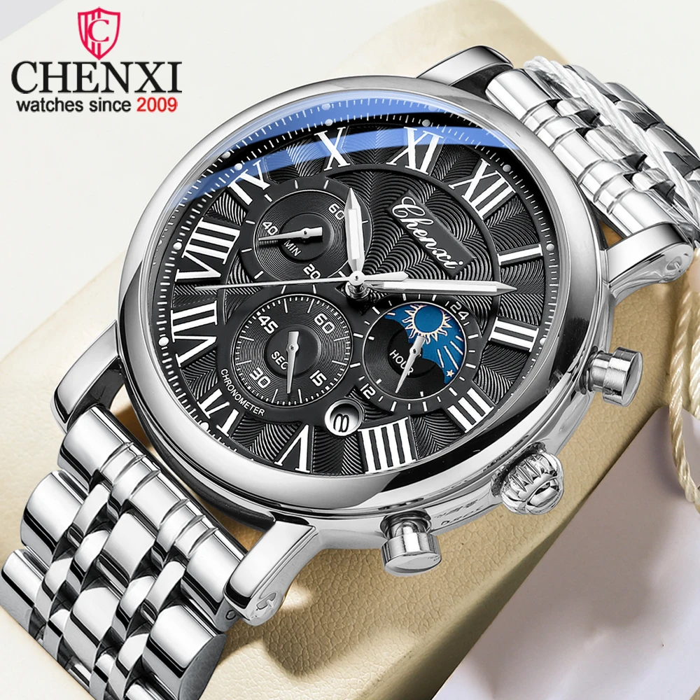 CHENXI Stainless Steel Men Watch Business Waterproof Date Moon Phase Chronograph Quartz Wristwatch Male Relogio Masculino Clock
CHENXI Stainless Steel Men Watch Business Waterproof Date Moon Phase Chronograph Quartz Wristwatch Male Relogio Masculino Clock