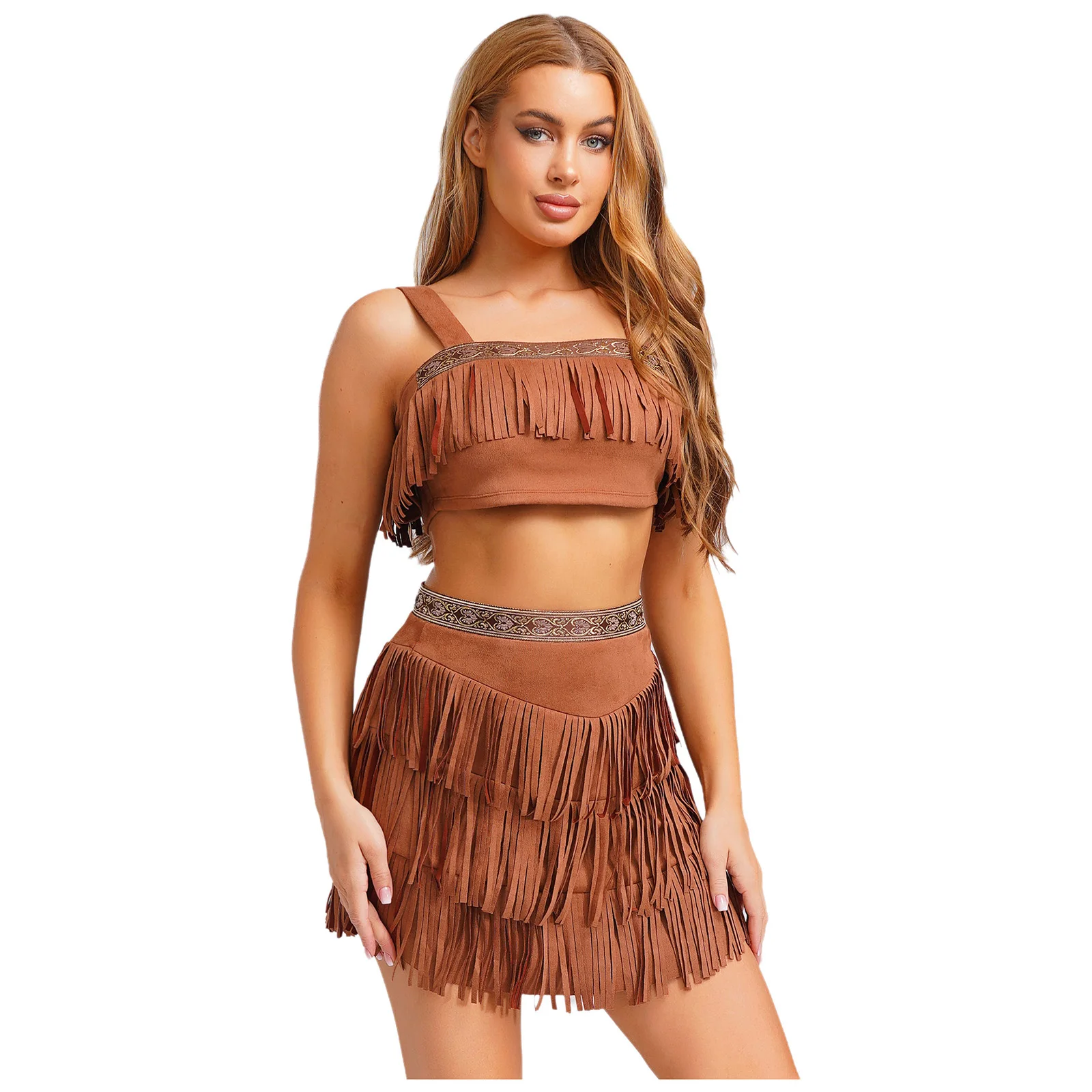 Halloween Women Native Princess Cosplay Crop Top And Skirt Set Vintage Tassel Crop And Mini Skirt Aboriginal Tribe Costume
Halloween Women Native Princess Cosplay Crop Top And Skirt Set Vintage Tassel Crop And Mini Skirt Aboriginal Tribe Costume