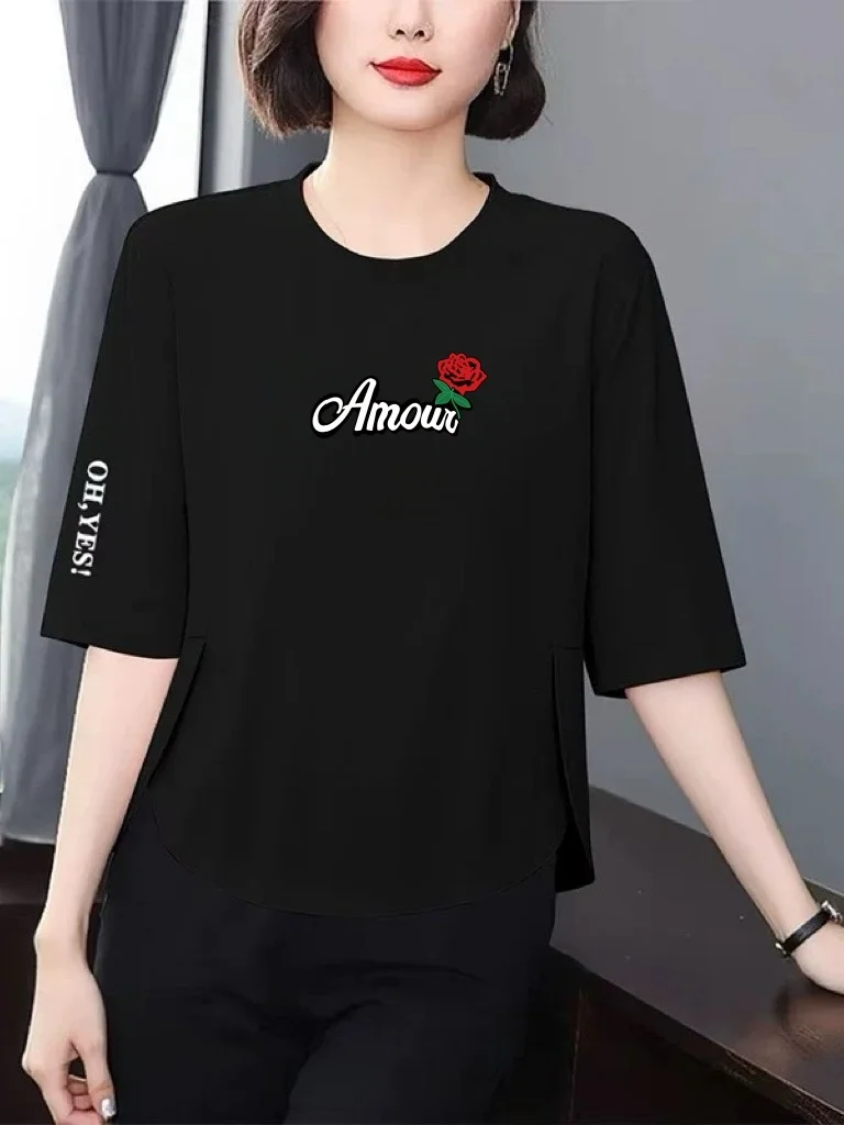 Trendy Letter Print Loose Fit Seven Sleeve Women's T-shirt Summer Slimming Belly Covering Versatile Age-Defying Midlife Top
Trendy Letter Print Loose Fit Seven Sleeve Women's T-shirt Summer Slimming Belly Covering Versatile Age-Defying Midlife Top