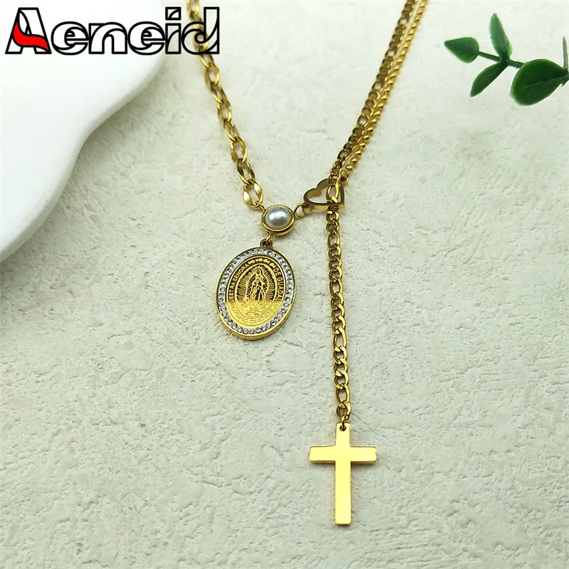 Virgin Mary Cross Pendant Necklace for Women Men Stainless Steel Gold Color Rhinestones Sweater Chain Amulet Jewelry Gift
Virgin Mary Cross Pendant Necklace for Women Men Stainless Steel Gold Color Rhinestones Sweater Chain Amulet Jewelry Gift
