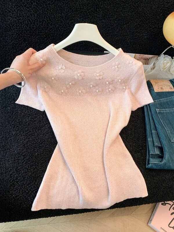 Pearl Flower Short Sleeve Knitted Sweater Women's Slim Fit Summer New Style Design Heavy Work Boning Nylon Polyester
Pearl Flower Short Sleeve Knitted Sweater Women's Slim Fit Summer New Style Design Heavy Work Boning Nylon Polyester