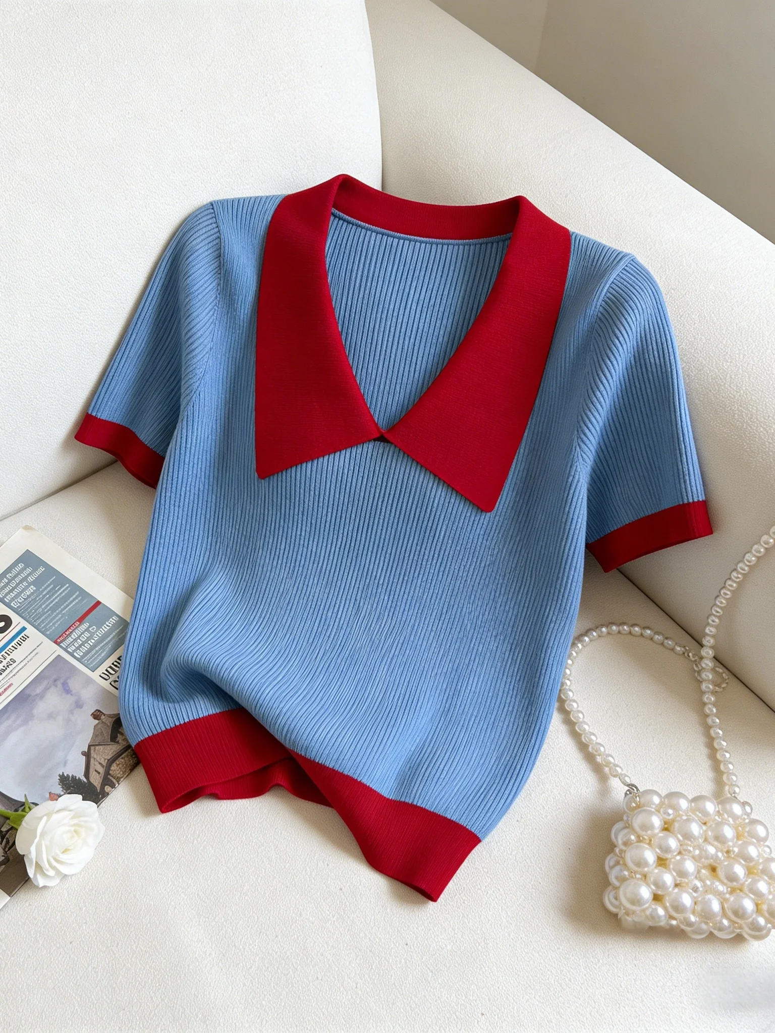 Summer New Style Large Size Knitted Top Women's Fashionable Short Sleeve Color Block Doll Collar Super Beautiful Korean Version
Summer New Style Large Size Knitted Top Women's Fashionable Short Sleeve Color Block Doll Collar Super Beautiful Korean Version