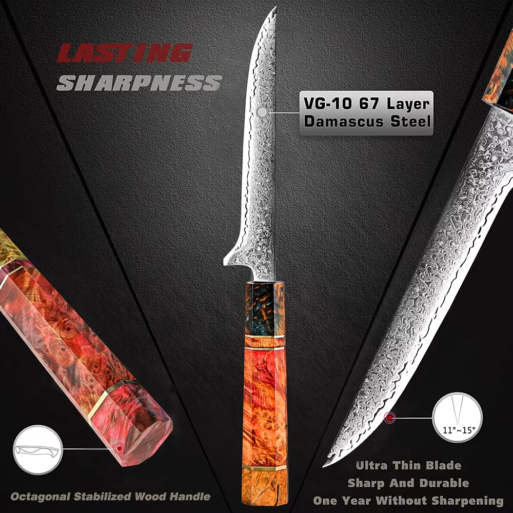 XITUO Stable Wooden Handle 6-Inch Boning Knife Razor-Sharp Damascus VG10 Steel Utility Knife Slaughter-Grade Meat Deboning Tool
XITUO Stable Wooden Handle 6-Inch Boning Knife Razor-Sharp Damascus VG10 Steel Utility Knife Slaughter-Grade Meat Deboning Tool