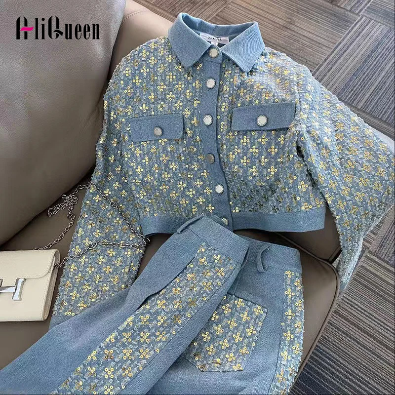 Korean Pant Set Shiny Sequins Jean Coat Women Vintage Frayed Denim Jackets + Patchwork Wide Leg Pant 2 Piece Sets Womens Outfits
Korean Pant Set Shiny Sequins Jean Coat Women Vintage Frayed Denim Jackets + Patchwork Wide Leg Pant 2 Piece Sets Womens Outfits