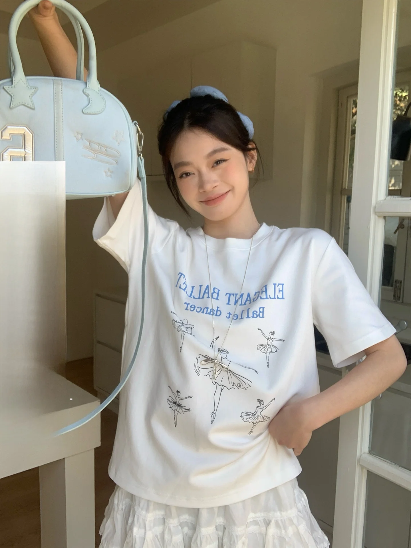 Loose Shoulder Women's T-shirt White Short Sleeve Letter Print Casual Summer Ballet Style Lazy Feeling Top by Song Zhengen
Loose Shoulder Women's T-shirt White Short Sleeve Letter Print Casual Summer Ballet Style Lazy Feeling Top by Song Zhengen