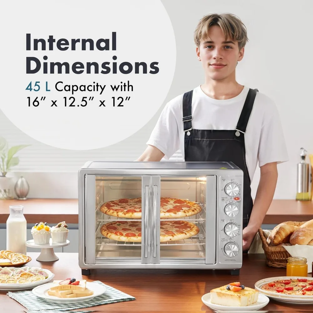 French Door 47.5Qt, 18-Slice Convection Oven 4-Control Knobs, Bake Broil Toast , Includes 2 x 14" Pizza Racks, Stainless Steel
French Door 47.5Qt, 18-Slice Convection Oven 4-Control Knobs, Bake Broil Toast , Includes 2 x 14" Pizza Racks, Stainless Steel