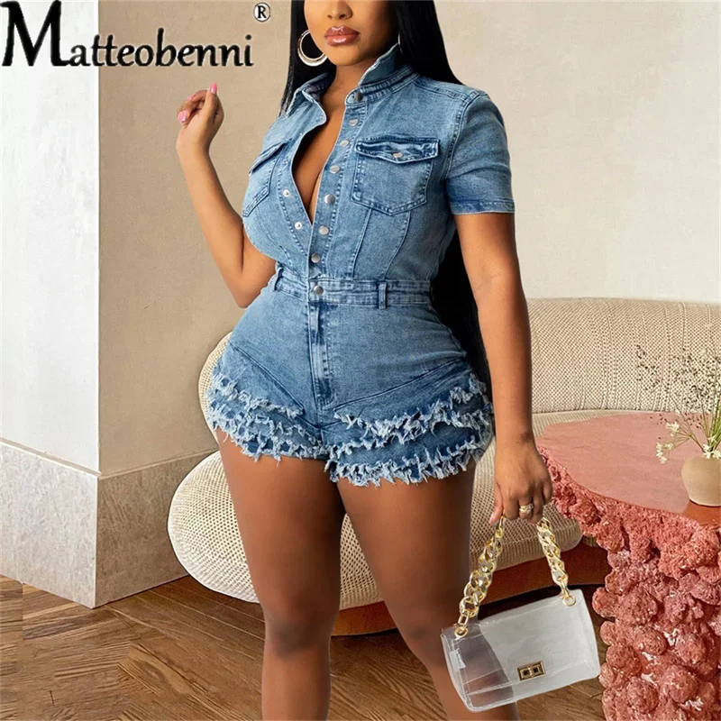 Fashion Spring Summer Women Streetwear Denim Jumpsuits New Turn-Down Collar Single-Breasted Short Sleeve Tassel Skinny Rompers
Fashion Spring Summer Women Streetwear Denim Jumpsuits New Turn-Down Collar Single-Breasted Short Sleeve Tassel Skinny Rompers