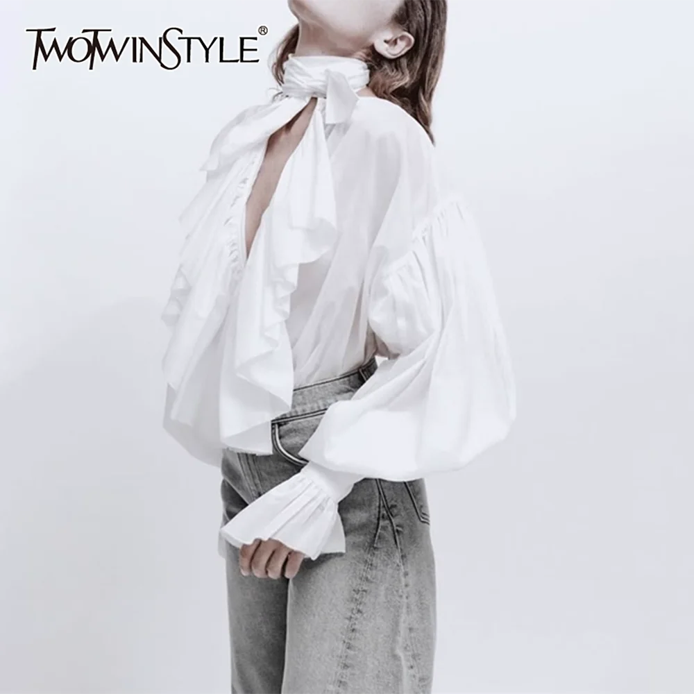 TWOTWINSTYLE Solid Spliced Bandage Shirt Female V Neck Lantern Sleeve French Temperament Women's Shirts Autumn Style Fashion New
TWOTWINSTYLE Solid Spliced Bandage Shirt Female V Neck Lantern Sleeve French Temperament Women's Shirts Autumn Style Fashion New