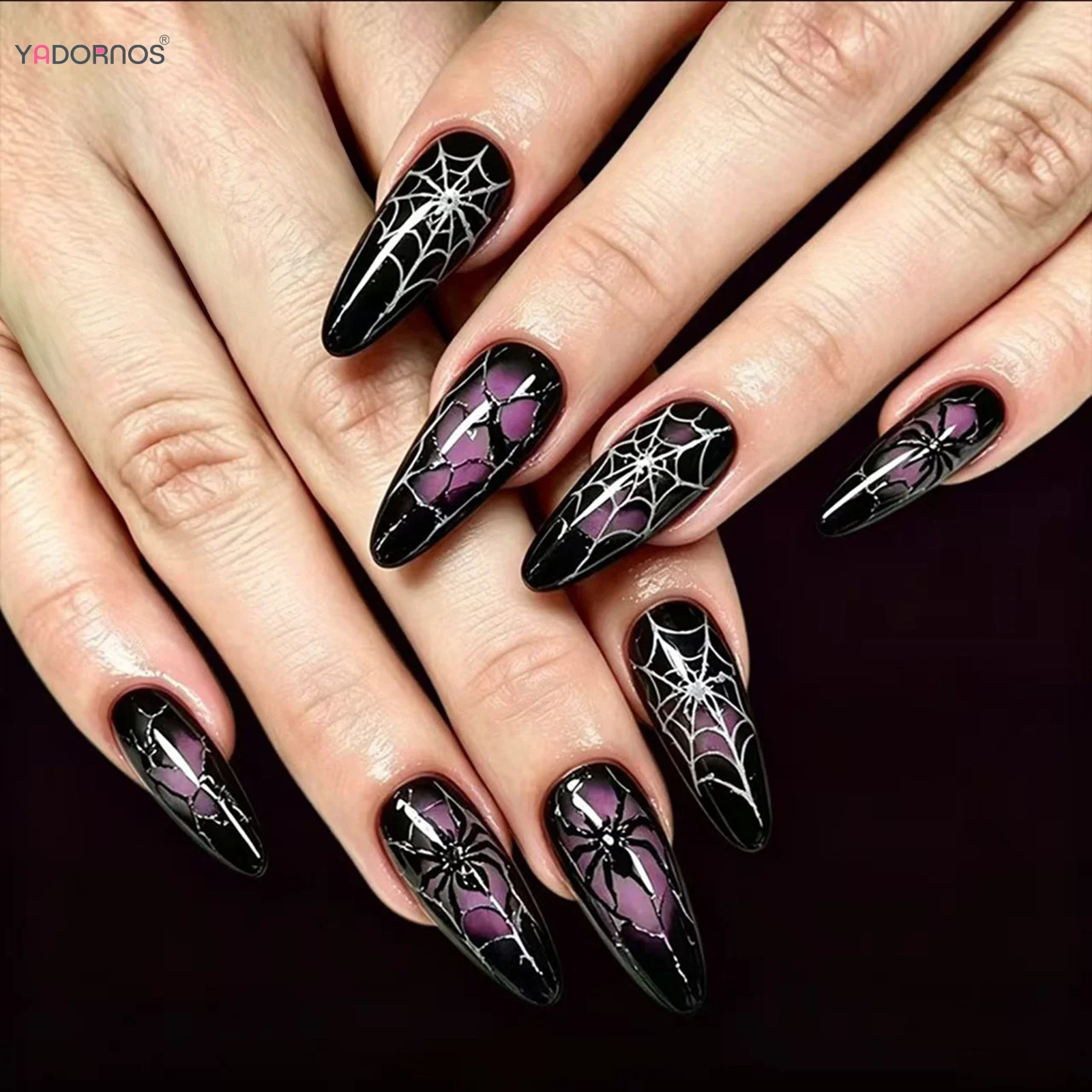 24pcs Dark Black Style Fake Nails Purple Smudging Silver Spider Wed Designs Press On Nails Halloween Almond False Nail Tips
24pcs Dark Black Style Fake Nails Purple Smudging Silver Spider Wed Designs Press On Nails Halloween Almond False Nail Tips
