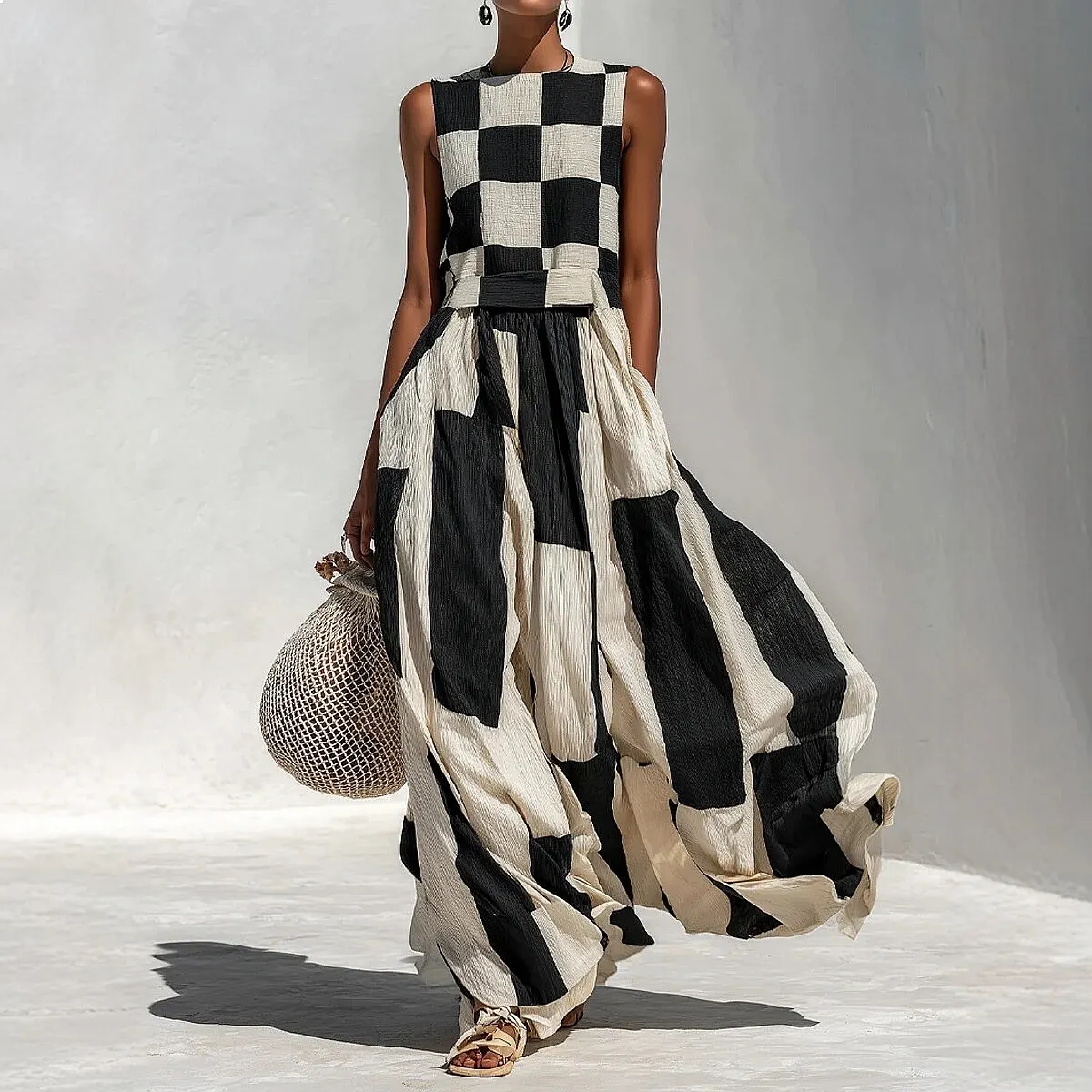 Black White Checkered Sleeveless Midi Dress Summer Vacation Maxi Dresses Jumpsuit Playsuit
Black White Checkered Sleeveless Midi Dress Summer Vacation Maxi Dresses Jumpsuit Playsuit