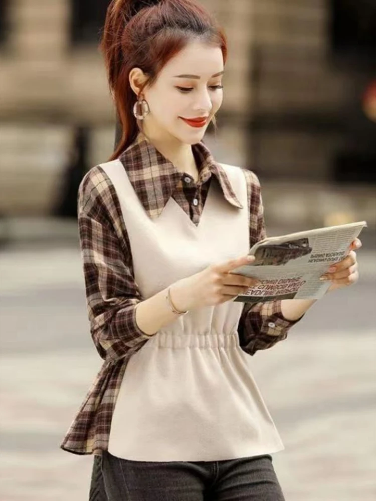 Plaid Fake Two-Piece Set Lace up Vintage Women's Blouse Shirt Long Sleeve Korean Fashion Pullover Blouses Tops Summer Spring
Plaid Fake Two-Piece Set Lace up Vintage Women's Blouse Shirt Long Sleeve Korean Fashion Pullover Blouses Tops Summer Spring