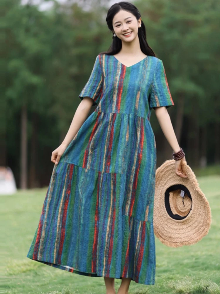 Ladies Elegant A-line Dress New Arrival 2025 Summer Vintage Style V-neck Striped Loose Female Cotton Casual Long Dresses M1320
Ladies Elegant A-line Dress New Arrival 2025 Summer Vintage Style V-neck Striped Loose Female Cotton Casual Long Dresses M1320