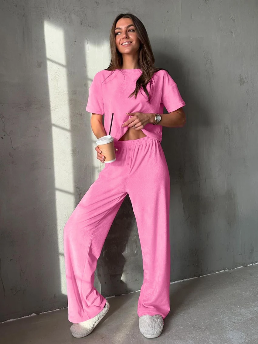 Marthaqiqi Casual Women'S Sleepwear Suit O-Neck Pajamas Short Sleeve Nightie Crop Top Nightgowns Pants Loose Home Clothes Ladies
Marthaqiqi Casual Women'S Sleepwear Suit O-Neck Pajamas Short Sleeve Nightie Crop Top Nightgowns Pants Loose Home Clothes Ladies