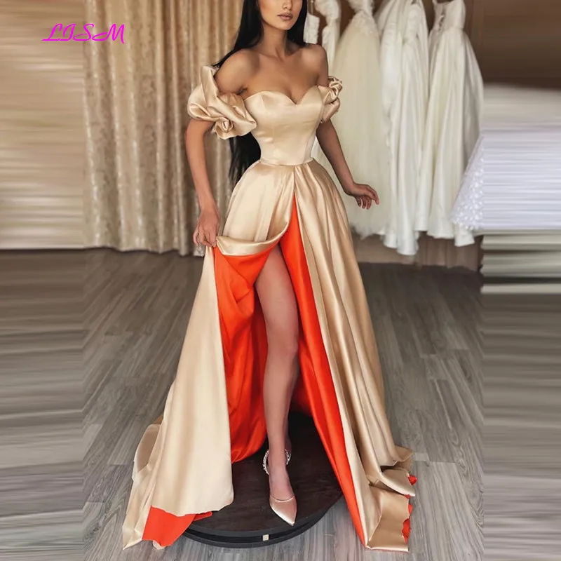 Champagne Satin Long Prom Dress Sexy Side Split Formal Evening Dresses A-Line Puffly Short Sleeves Graduation Party Gowns
Champagne Satin Long Prom Dress Sexy Side Split Formal Evening Dresses A-Line Puffly Short Sleeves Graduation Party Gowns