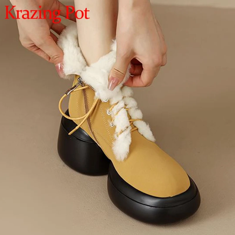 Krazing Pot Wool Cow Leather Round Toe Thick High Heels Thick Bottom Snow Boots Cross-tried Fur Keep Warm Kpop Style Ankle Boots 
Krazing Pot Wool Cow Leather Round Toe Thick High Heels Thick Bottom Snow Boots Cross-tried Fur Keep Warm Kpop Style Ankle Boots