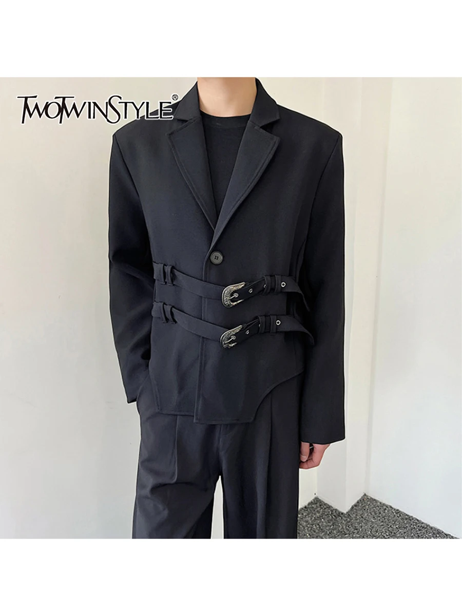 TWOTWINSTYLE Solid Loose Spliced Belts Temperament Jackets for Women Lapel Long Sleeves Minimalist Jacket Female Clothing New
TWOTWINSTYLE Solid Loose Spliced Belts Temperament Jackets for Women Lapel Long Sleeves Minimalist Jacket Female Clothing New
