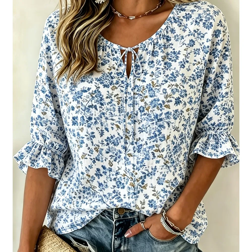 Women's Tiny Blue Floral Blouse Tie V Neck Ruffled 3/4 Sleeve White Raglan Loose Soft Daily Summer Top
Women's Tiny Blue Floral Blouse Tie V Neck Ruffled 3/4 Sleeve White Raglan Loose Soft Daily Summer Top