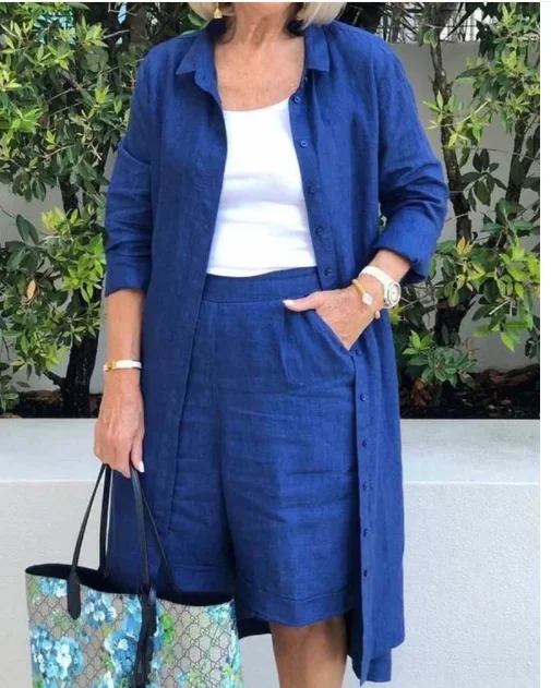 2pcs/Set Women Shorts Set Blue Women Breasted Shirt Long Coat + 5 Points Shorts Two Piece Set Casual And Loose Outfit Women's
2pcs/Set Women Shorts Set Blue Women Breasted Shirt Long Coat + 5 Points Shorts Two Piece Set Casual And Loose Outfit Women's