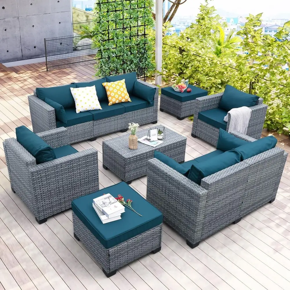 Outdoor 7-Piece Wicker Patio Furniture Set with PE Rattan Sofa, Storage Table, and Blue Cushions, Including Covers
Outdoor 7-Piece Wicker Patio Furniture Set with PE Rattan Sofa, Storage Table, and Blue Cushions, Including Covers