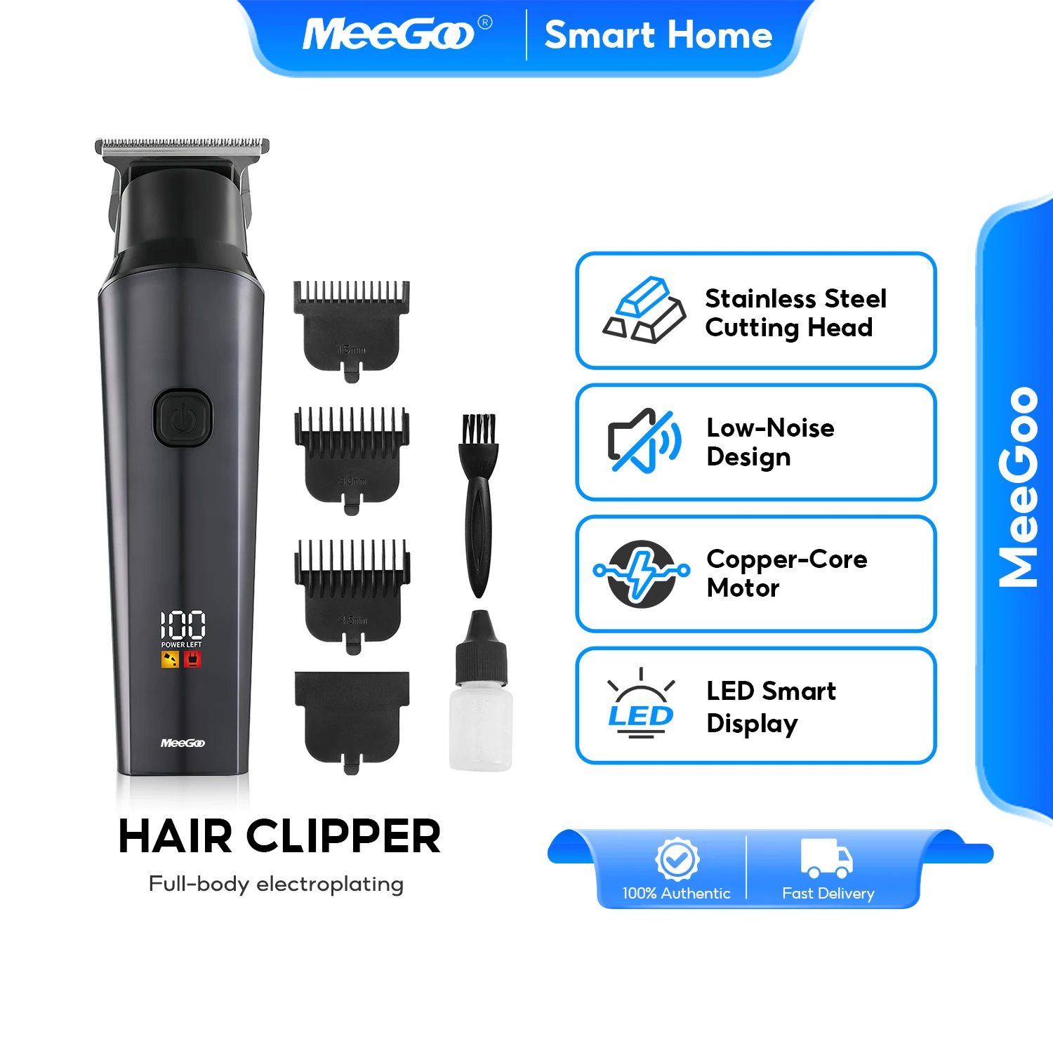 MeeGoo Hair Clipper, 7000RPM Copper Motor, 2000mAh Lithium Battery, 5hr Runtime, LCD Display, 1.5-4.5mm Cutting Length, Silver
MeeGoo Hair Clipper, 7000RPM Copper Motor, 2000mAh Lithium Battery, 5hr Runtime, LCD Display, 1.5-4.5mm Cutting Length, Silver