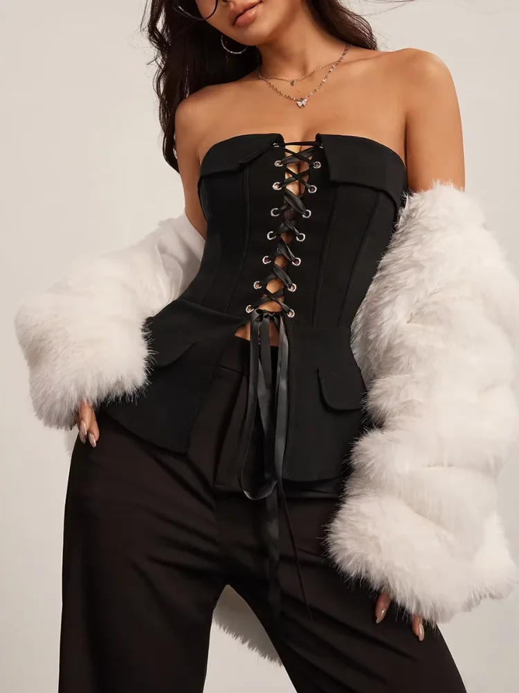 Women Chic Black Hollow-out Lace-up Strapless Top Sexy Sleeveless Off Shoulder Bodycon Crop Tops 2026 New Club Party Blouses
Women Chic Black Hollow-out Lace-up Strapless Top Sexy Sleeveless Off Shoulder Bodycon Crop Tops 2026 New Club Party Blouses